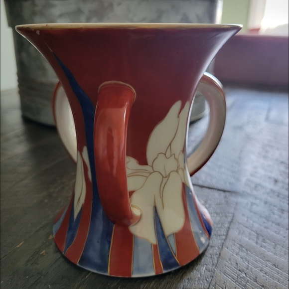 Koransha co. signed orchid mark 1930s Japanese Fukagawa Triple 3 Tri Handle Vase - Picture 8 of 9